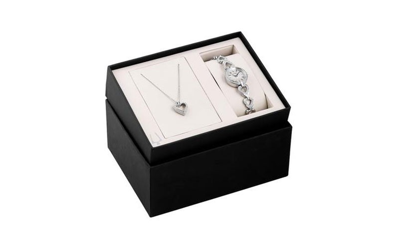 Bulova Womens Crystal Heart Watch And Necklace Boxed Gift Set Stainless Steel
