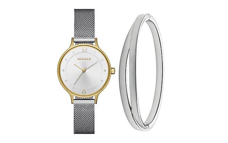 Skagen Anita Ladies Two-Tone Dress Watch & Silver Tone Bracelet Boxed Gift Set