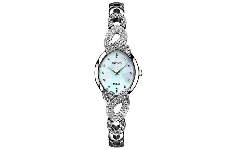 Seiko Womens Solar Swarovski Crystal Gift Set Mother Of Pearl Necklace