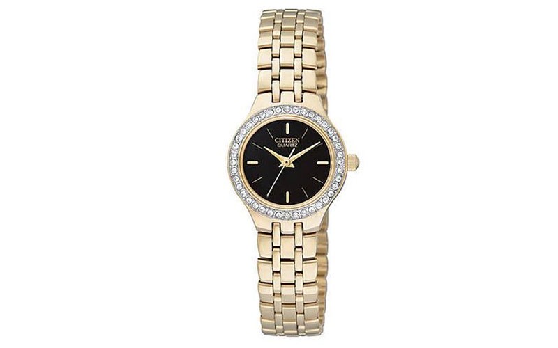 Citizen Ladies Gold Tone Crystal Watch Black Dial Bracelet