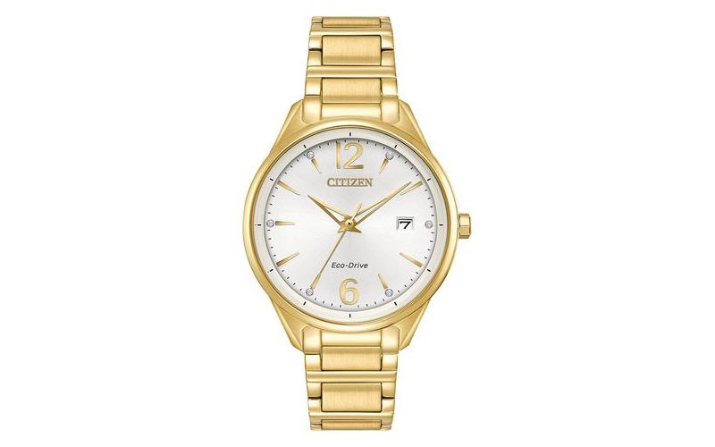 Citizen Eco-Drive Chandler Crystal Watch Gold Tone Silver/White Dial Date