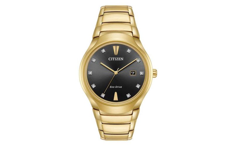 Citizen Mens Eco-Drive Diamond Watch Gold Tone Bracelet Black Dial Date