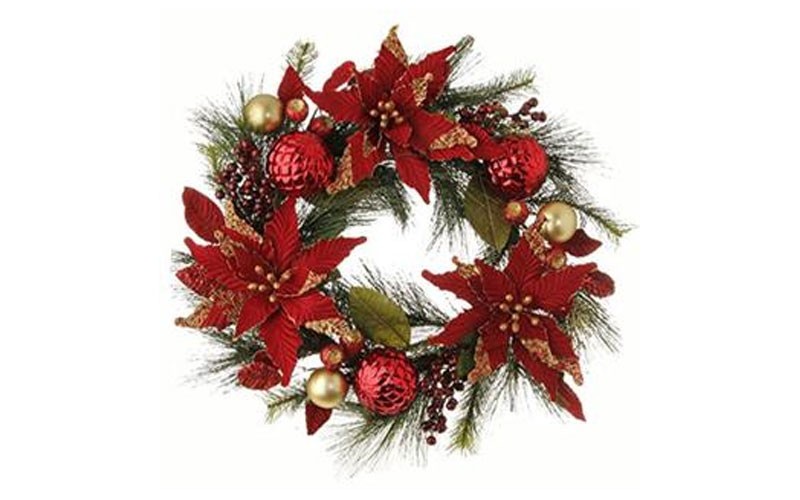 RAZ Imports - Garnet - 26 Red and Gold Poinsettia and Ball Ornament Wreath