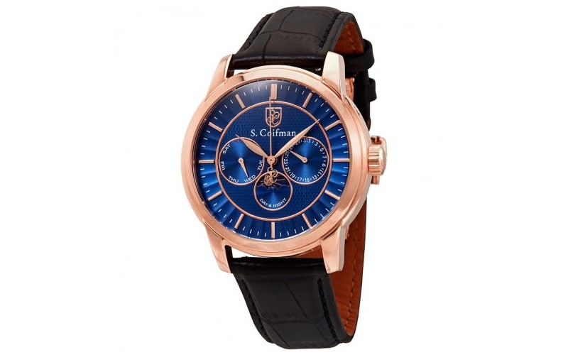 Scoifman Blue Dial Black Leather Mens Watch