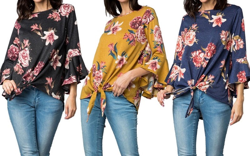 Womens Floral Bell Sleeve Tie Front Top