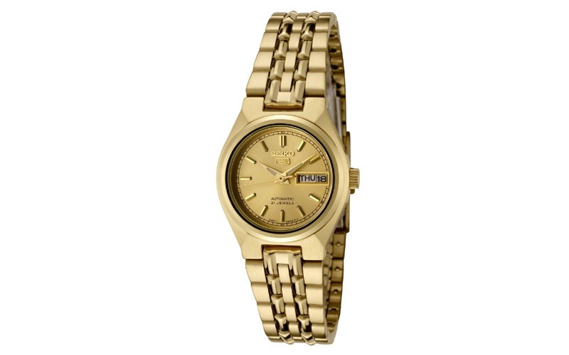 Seiko Womens 5 Japanese Automatic Gold Tone Stainless Steel Casual Watch