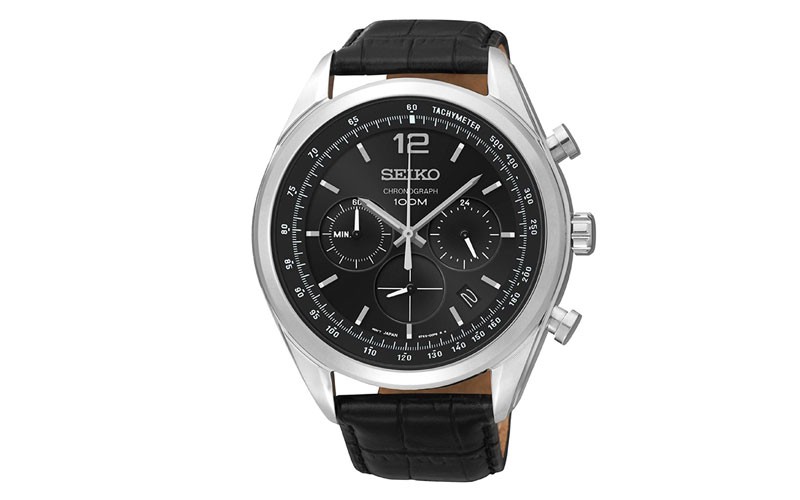 Seiko Chronograph Black Dial Stainless Steel Black Leather Mens Watch