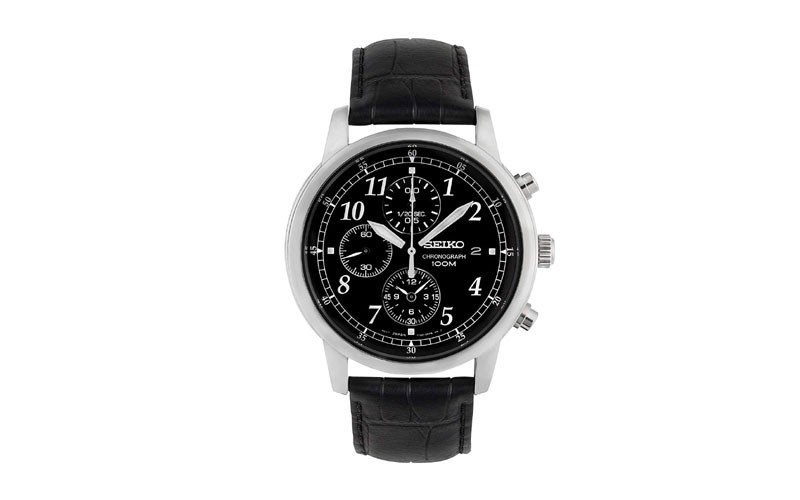 Seiko Mens SNDC33 Classic Black Leather Black Chronograph Dial Watch