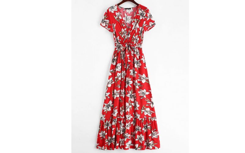 Zaful Surplice Floral Low Cut Slit Dress Red 