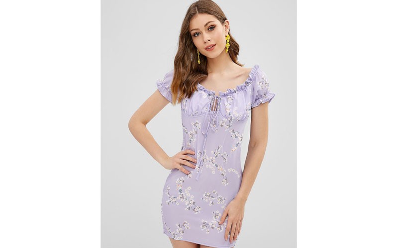 Floral Smocked Bodycon Dress Lavender Blue