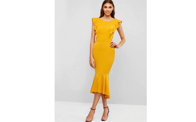 Ruffles Open Back Mermaid Dress Yellow