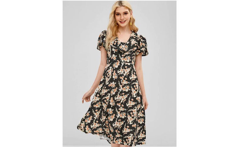 Ruffles Button Up Floral Dress Black