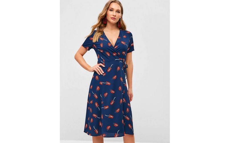 Short Sleeve Printed Wrap Dress Midnight Blue M