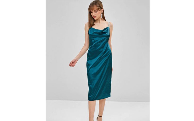 Midi Satin Bodycon Cami Dress Greenish Blue L