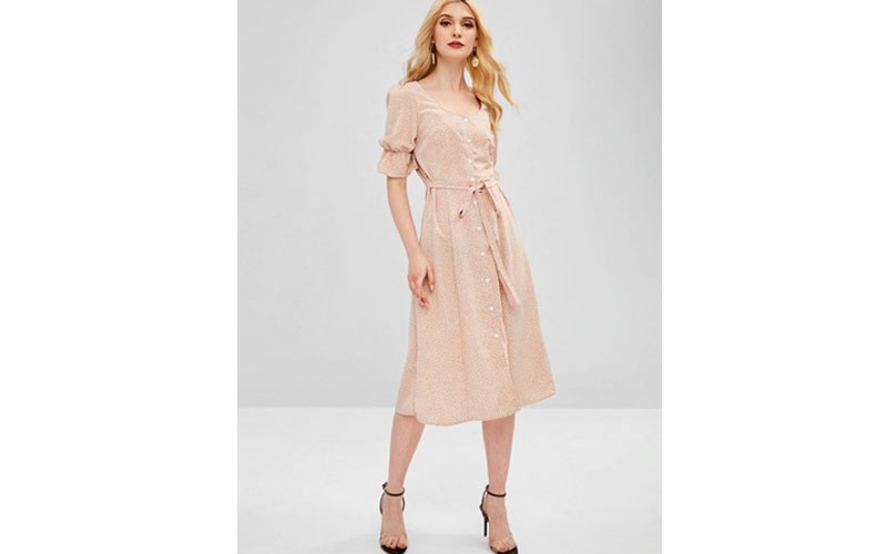 Polka Dot Bell Sleeve Belted Dress Apricot L