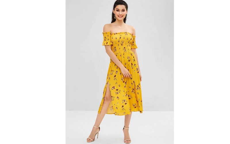 Smocked Slit Floral Off Shoulder Dress Golden Brown L