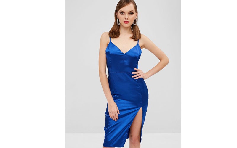 Cami Satin Bodycon Night Out Dress Deep Blue L