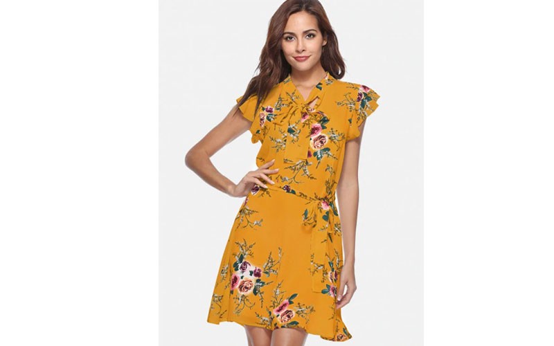 Floral Bow Tie Collar A Line Dress Bee Yellow M
