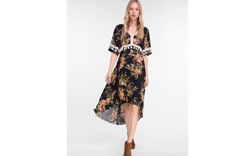 Zaful Asymmetric Floral Tassel Boho Dress Black S