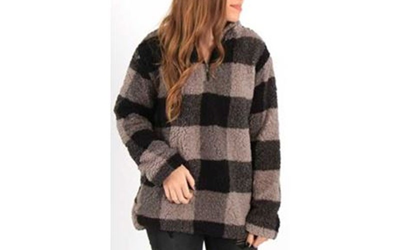 Sweet Claire Grey and Black Buffalo Plaid Sherpa Pullover for Women
