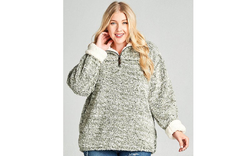 Oddi Plus Size Frosty Tipped Sherpa Pullover in Olive
