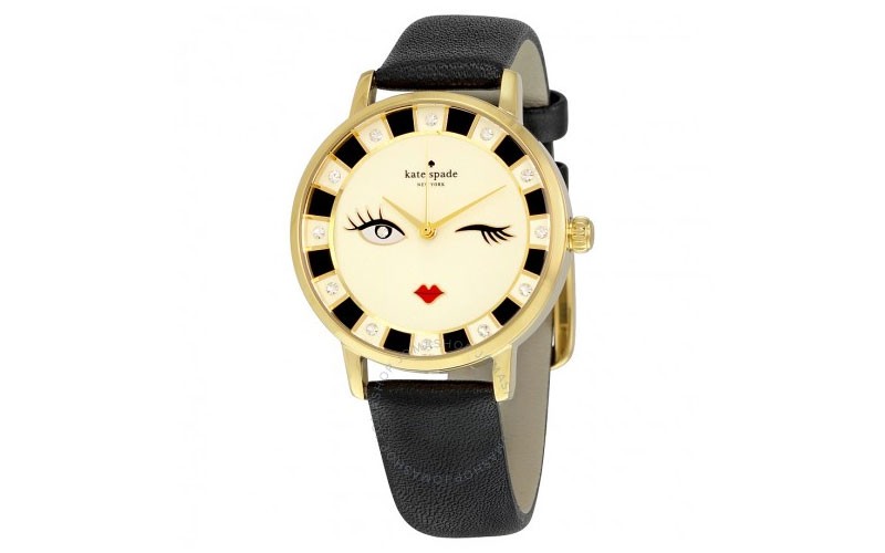 Kate Spade Metro Wink Cream and Black Dial Black Leather Ladies Watch