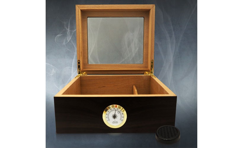 Walnut Wood Glass Top Luxury Cigar Humidor 50Ct