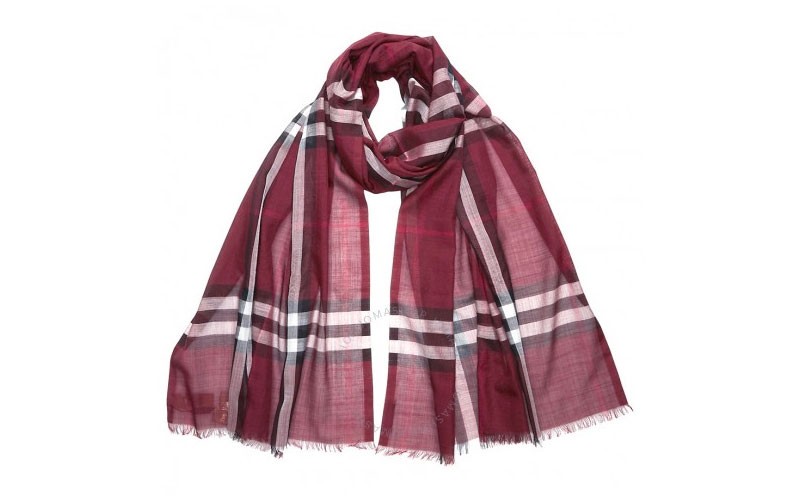 Burberry Light weight Check Wool and Silk Scarf Plum Check