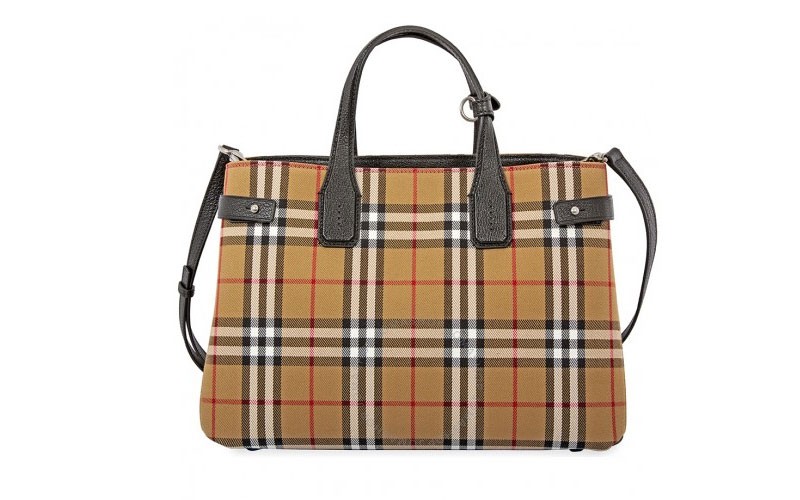 Burberry Medium Banner in Vintage Check and Leather Black