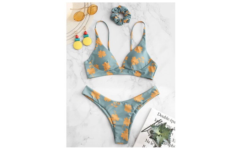 Zaful Flower Bikini Set With Hairband Cyan Opaque L