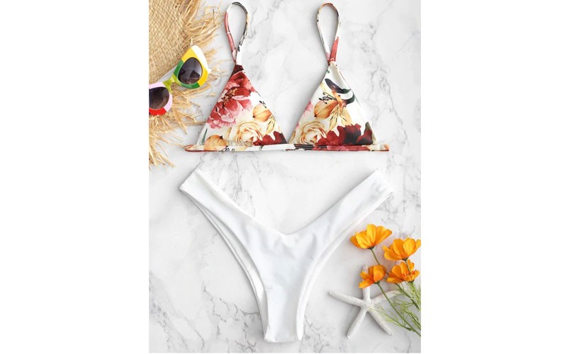 Zaful Floral High Cut Cami Bikini Set - White M