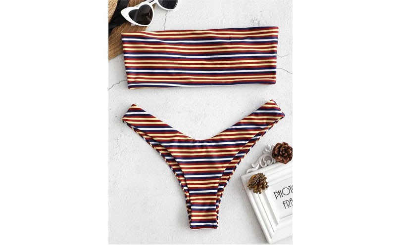 Zaful Colorful Striped Bandeau Bikini Set Multi S