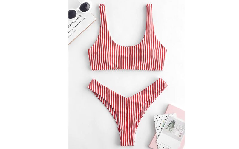 Zaful Striped High Leg Scooped Bikini Set Red L