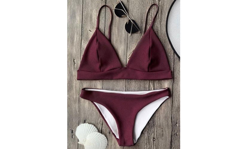 Zaful Cami Plunge Bralette Bikini Top And Bottoms Burgundy M