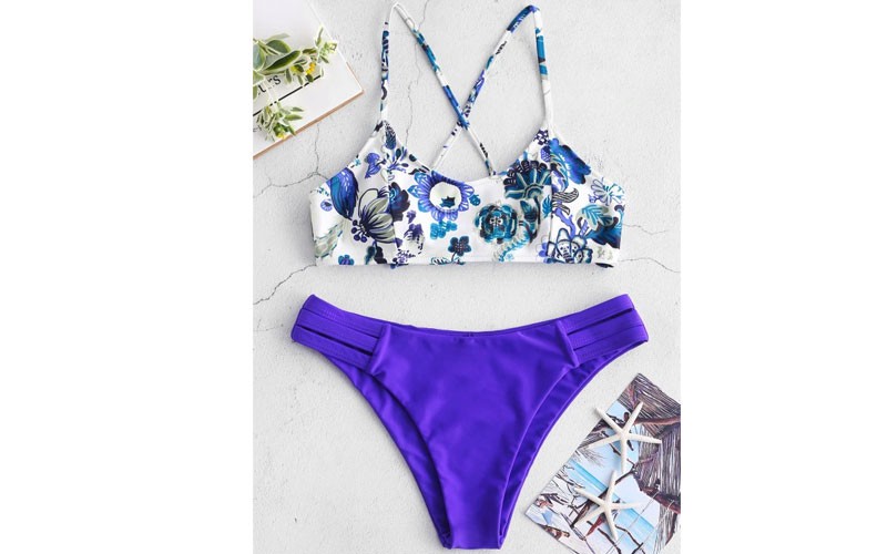 Zaful Floral Criss Cross Lattice Bikini Set Multi-a L