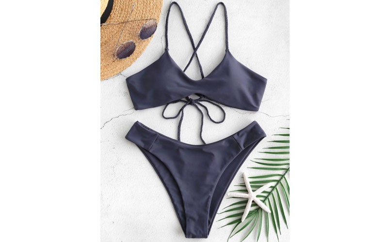 Zaful Braided Lace Up Bikini Set Jet Gray S