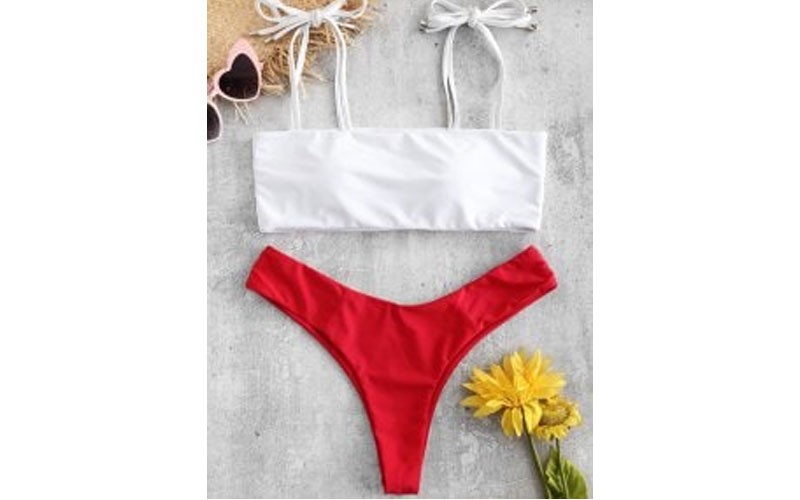 Zaful Color Block Tie Shoulder Bikini Set Red S