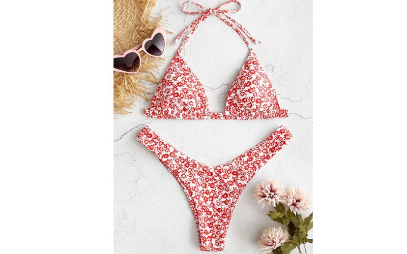 Floral Drawstring Thong Bikini Set Fire Engine Red L