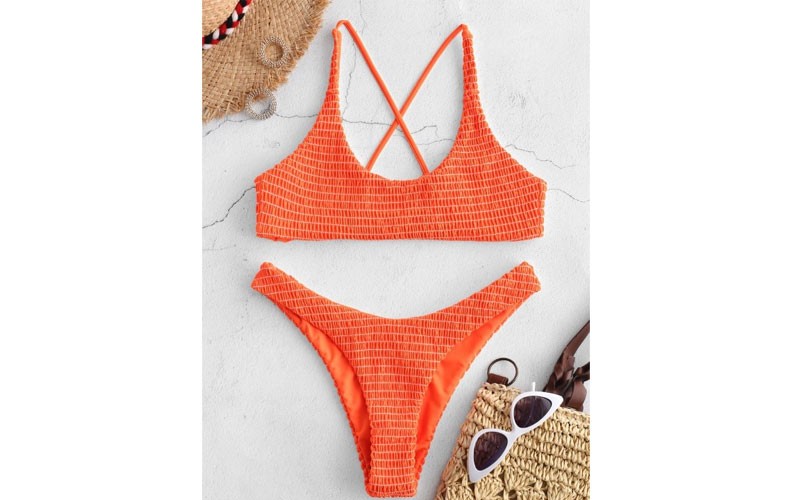 Zaful Smocked Criss Cross Bikini Set Orange M