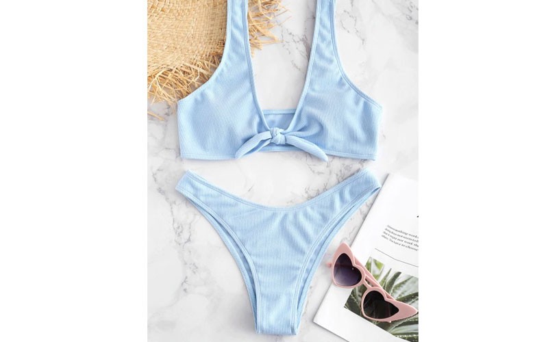 Tie Front Ribbed Bikini Set Light Sky Blue L