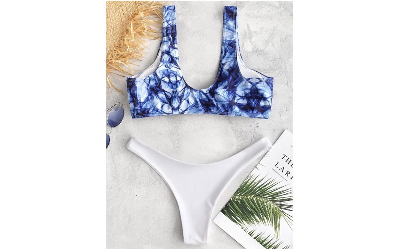 Zaful Plunge Knot Print Bikini Set White L