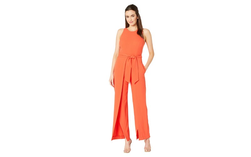 Nine West Textured Crepe Sleeveless Jumpsuit Belted with a Flyaway Pants