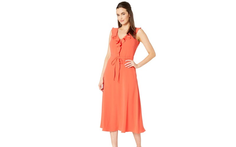 Nine West Crepe Back Satin V-Neck Midi Dress w/ Self Sash