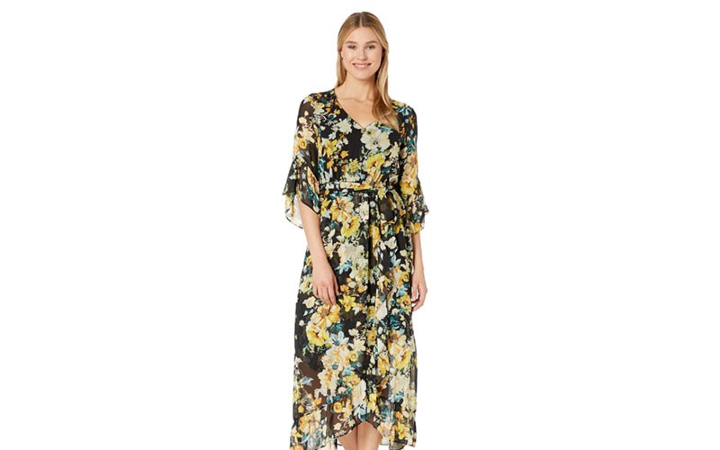 Nine West 3/4 Bell Sleeve V-Neck Maxi with Wrap Detail