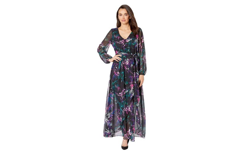 Nine West Printed HMC Long Sleeve Faux Wrap Maxi