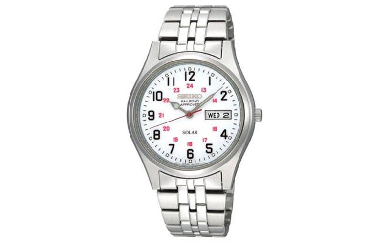 Seiko Solar Mens Watch White Dial Stainless Railroad Approved Day Date