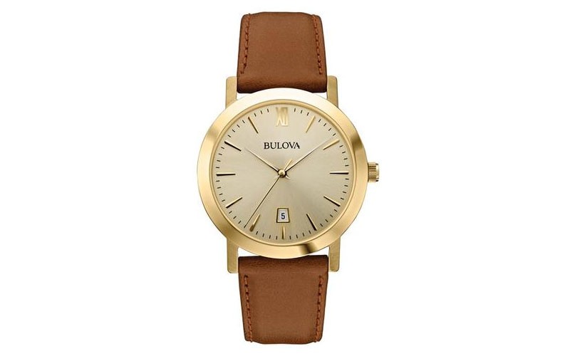 Bulova Mens Classic Gold-Tone Dial And Case Cognac Brown Strap Date