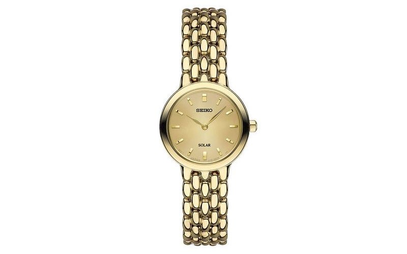 Seiko Womens Solar Dress Watch Gold-Tone Champagne Dial Power Reserve
