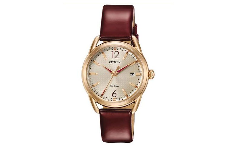 Citizen Womens DRIVE LTR Rose Gold-Tone Burgundy Leather Strap Date
