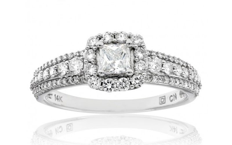 1 CT Princess and Round Diamonds TW Fashion Ring 14k White Gold GH